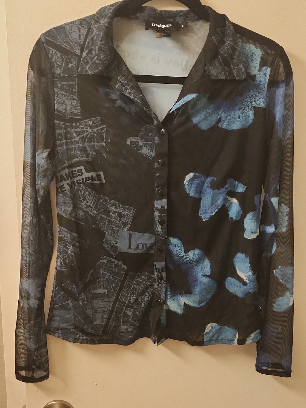 Desigual Women's Black & Blue Floral Button-Front Top Size L